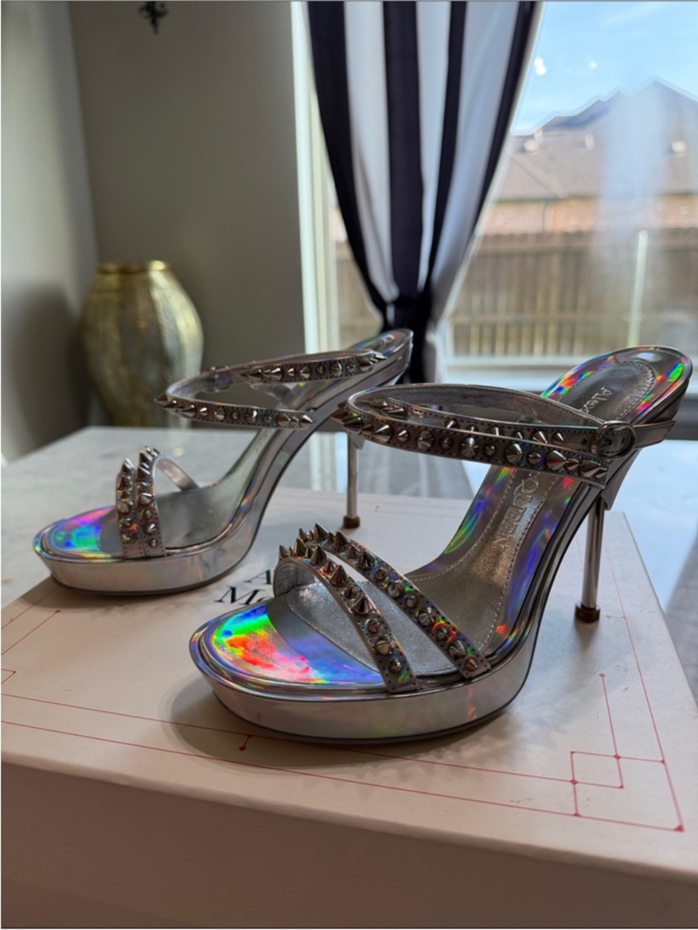 NWT ** Alexander McQueen Iridescent Holographic Studded High Heel Sandals